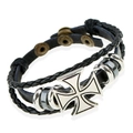 Men's multilayer black leather bracelet with braided cord and silver cross charm - Black