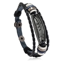 Men's retro braided leather bracelet featuring vintage silver feather charm and metal beads - Black