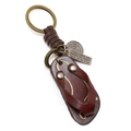 Handmade leather flip-flop keychain with vintage bronze clasp and woven leather strap - Dark Brown