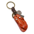 Handmade leather flip-flop keychain with bronze charms and engraved metal plate - Tan