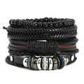 4-piece set of woven black leather bracelets with beads and bohemian metal accents - Multilayer Combination Style (TZ538)