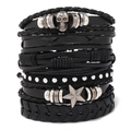 Herenarmbandset van meerlaags gevlochten leer met schedel- en sterbedeltjes in zwart - 6-Delige Set (TZ627)