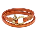 Retro double-wrap brown leather bracelet for men with brass horseshoe buckle and bell - Earthy Yellow