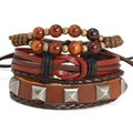 Handmade brown leather woven bracelet set for men with metal studs and wooden beads - Tools Set Combo
