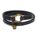 Retro double-wrap black leather bracelet with bronze horseshoe clasp and small bell - Retro Black