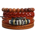 Vintage geflochtenes Lederarmband-Set für Damen und Herren mit Holzperlen und Metallanhängern - Vierteilige Kombination (TZ534)