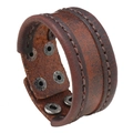 Bracelet rétro en cuir marron large avec couture manuelle et boutons-pression - Brun Rétro