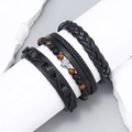 Set bracciali uomo 4 pezzi in pelle nera con perline occhio di tigre e croce argento - Nero