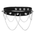 Punk black leather choker with silver conical studs and layered metal chains on white background - Black