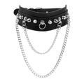 Choker punk in pelle nera con borchie argentate, doppie catene e anello centrale - Nero