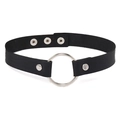 Harajuku punk choker van zwart leer met grote zilveren metalen ring en drukknopen sluiting - Zwart