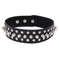 Punk rock black leather choker featuring three rows of silver spikes and metal rivets - Black