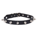 Punk black leather choker with silver cone studs and adjustable buckle for women - Black
