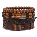 Men's retro four-piece multilayer leather bracelet set with wooden beads and arrow charm - Set of Four (TZ685)