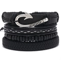 Men's 4-piece multilayer leather bracelet set with black beads and silver fish hook charm - Combination Set (Black Card Packaging)