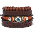 Handmade multilayer leather bracelet set with evil eye charm and wooden beads - Retro Coffee Combination