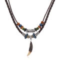 Retro ethnic layered leather necklace for men with tooth pendant and colorful beads - Coffee