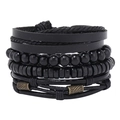 Set bracciale multistrato in pelle nera fatto a mano con perle in legno e ciondoli - Combinazione Intrecciata Multistrato (TZ691)