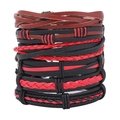 Handmade multilayer leather bracelet set with red and brown woven wrap cords for men - Combination Set (TZ692)