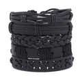 Set de pulseras de cuero negro multicapa para hombre con tejidos y costuras en X - Set de Cinco (Incluye Embalaje de Tarjeta) / Negro