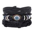Set de pulseras de cuero multicapa hechas a mano con amuleto de ojo turco vintage - Negro