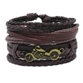 Handmade layered vintage leather bracelet featuring a bronze motorcycle charm with cord - Brown