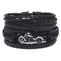 Handmade multilayer black leather bracelet with vintage motorcycle metal ornament - Black