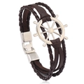 Bracelet vintage en cuir tressé nautique avec gouvernail en argent et fermoir - Brun Foncé