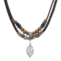 Collana lunga bohémien a strati con perle di legno e ciondolo a foglia vintage - Marrone Scuro