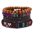 Set di 4 bracciali bohémien fatti a mano in pelle e perline di legno dallo stile etnico - Set da 4 pezzi