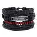 Herren Lederarmband 4er-Set mit Kreuzanhänger, Flechtriemen und roten Holzperlen im Vintage-Stil - Mehrlagige Kombination (TZ717)