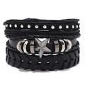 Dreiteiliges schwarzes Mehrschicht-Lederarmband-Set mit metallischem Sternanhänger-Detail - Kombinationsstil (TZ719)