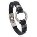 Mehrlagiges geflochtenes Lederarmband für Herren mit silbernem Metallring und Verschluss - Schwarz