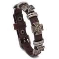 Bracelet punk en cuir de vachette marron foncé avec trois croix en métal de style vintage - Brun Foncé