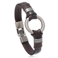 Retro mehrlagiges Lederarmband für Herren mit einem Vintage-Silberring-Anhänger-Detail - Dunkelbraun