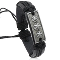 Pulsera vintage de cuero trenzado negro con placa metálica de estrellas ajustable - Negro