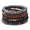 Retro handmade beaded 6-piece stretch bracelet set with natural wood and coconut shell - 6-Piece Set