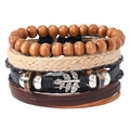 Handgewebtes mehrlagiges Lederarmband-Set für Herren mit Holzperlen und Blatt-Anhänger - Retro Kombinationsstil (TZ499)
