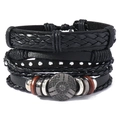 Set de pulseras punk multicapa para hombre en cuero con tachuelas y cuentas madera - Estilo Negro