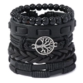 Set di bracciali multistrato in pelle nera fatti a mano con ciondolo Albero della Vita - Serie Albero della Vita / Nero