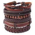 6-piece vintage adjustable leather bracelet set with woven straps and wooden beads - Brown