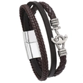 Brown multi-layer braided leather anchor bracelet with silver magnetic buckle for men - Dark Brown