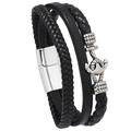 Men's multi-layer black braided leather anchor bracelet with silver magnetic metal clasp - Black