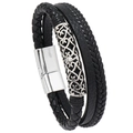 Men's multi-layer braided black leather bracelet with vintage silver-tone metal tube and magnetic clasp - Black