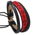 Bracciale multistrato in pelle intrecciata con rilievi floreali rossi e laccio regolabile - Marrone Scuro
