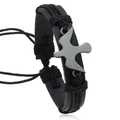 Pulsera de cuero negro tejida a mano con un colgante de pájaro plateado vintage - Negro