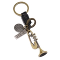 Vintage Bronze Trompete Schlüsselanhänger mit Lederband und graviertem Metallanhänger - Schwarz