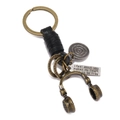 Retro handmade leather keychain with bronze headphone charm and engraved pendant - Black