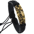 Bracciale in pelle intrecciata con placca teschio dorata in stile punk rock retrò - Nero