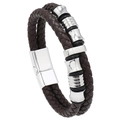 Bracelet pour homme en cuir tressé marron à double rang avec anneaux en métal argenté - Cuir Brun + Accessoires Couleur Acier